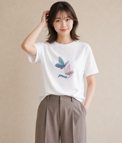 半袖Tシャツ レディース ちょうちょ 蝶 バタフライ 昆虫 虫 イラスト カフェコーデ 送別ギフト 通勤 白T