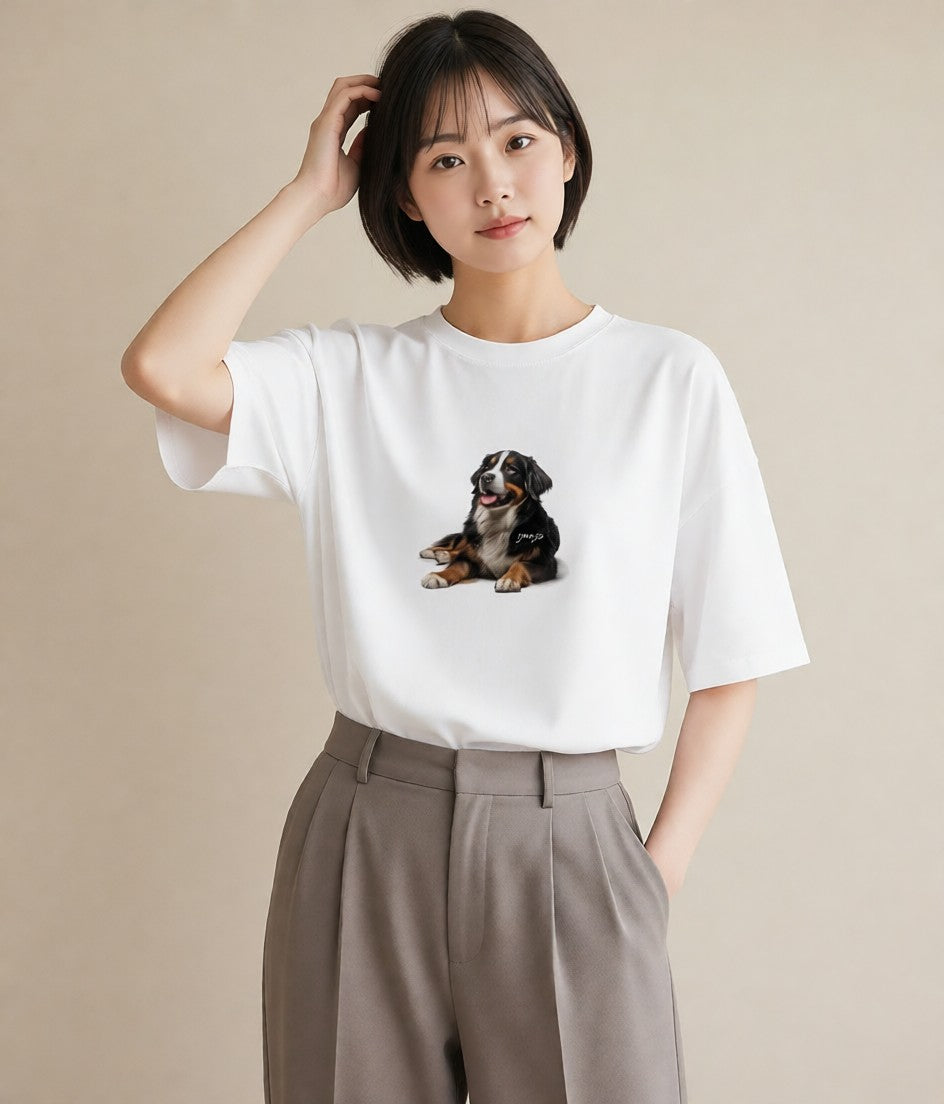 Tシャツ レディース バーニーズマウンテンドッグ 犬 いぬ イラスト ミニマル 春服 ミセス 白T
