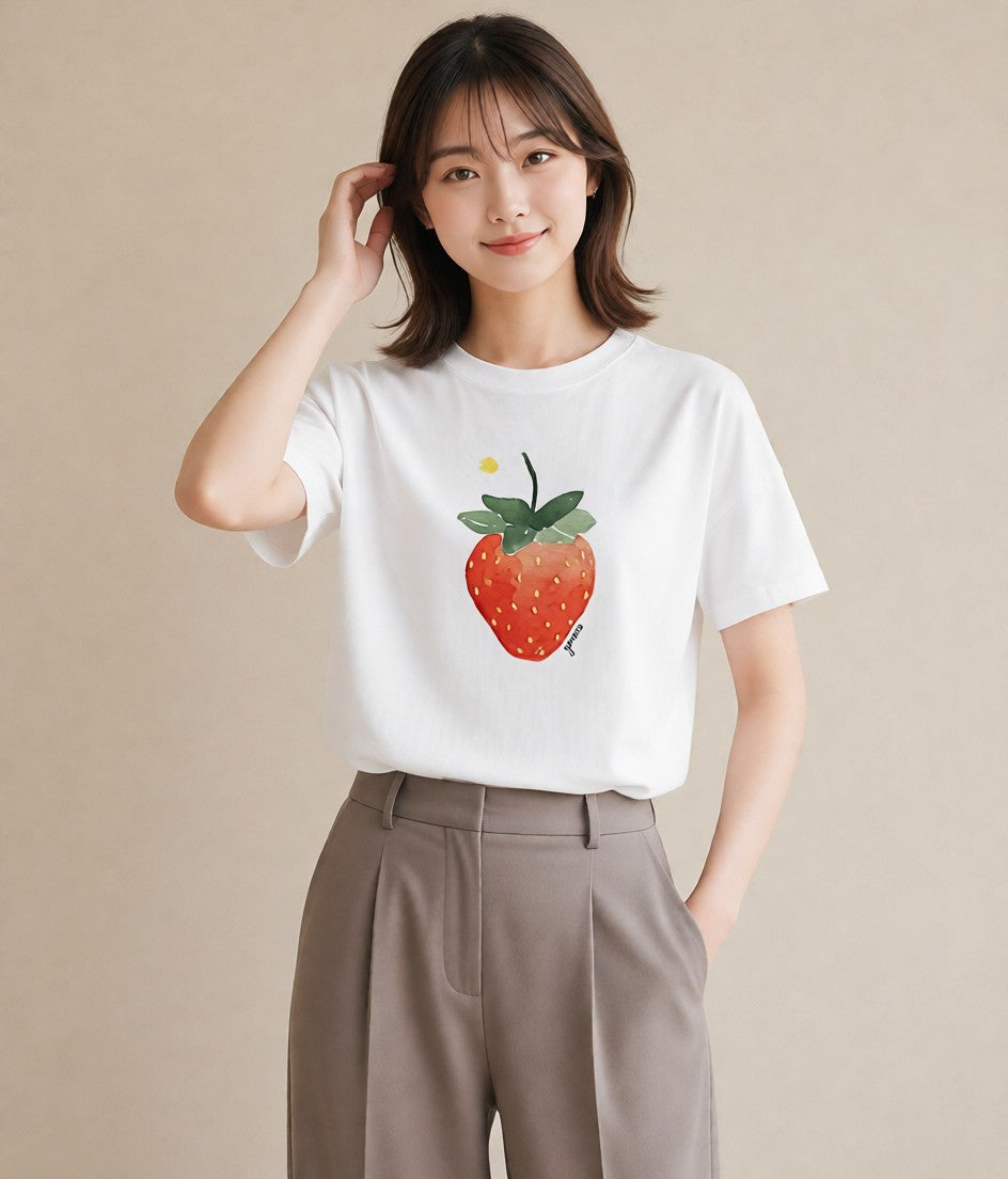 プリントTシャツ レディース いちご 苺 ストロベリー 食べ物 フード イラスト 韓国風 週末コーデ 敬老の日 白T