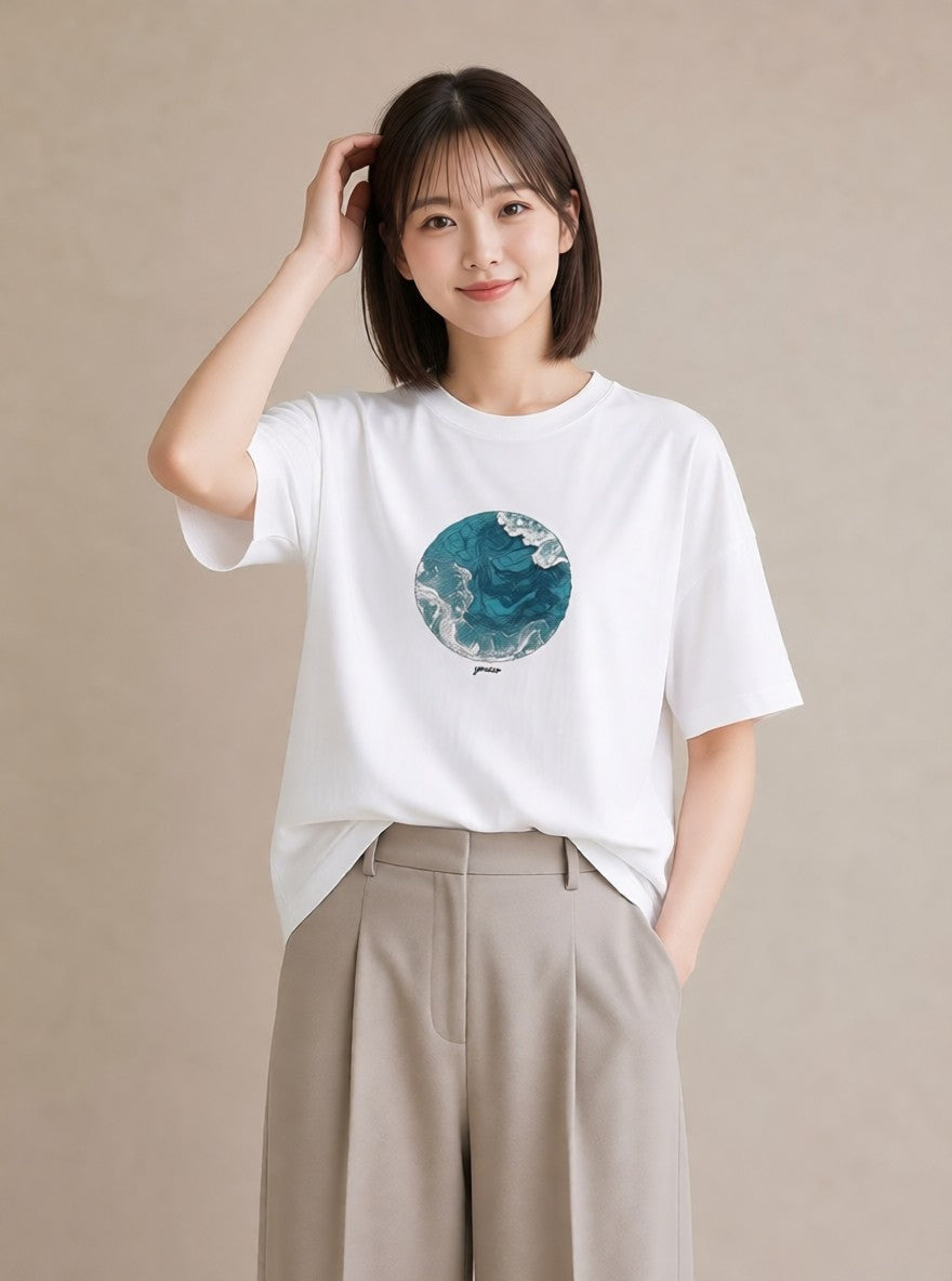 デザインTシャツ レディース 波 星空 宇宙 イラスト きれいめカジュアル 女性 旅行用 白T