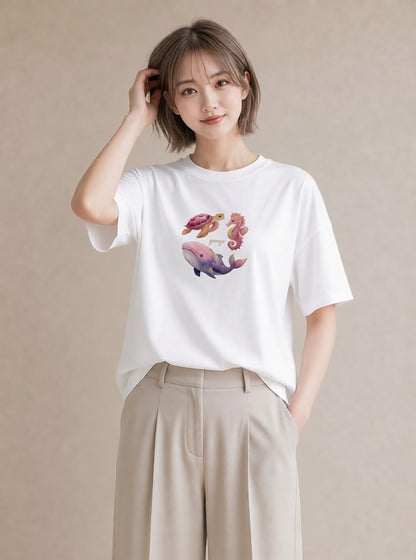 デザインTシャツ レディース タツノオトシゴ 海の生き物 海 イラスト ラフカジュアル お出かけ 普段着 白T