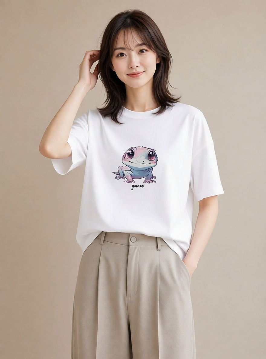プリントTシャツ レディース レオパ ペット 動物 イラスト 水彩風 帰省 ラフ 白T