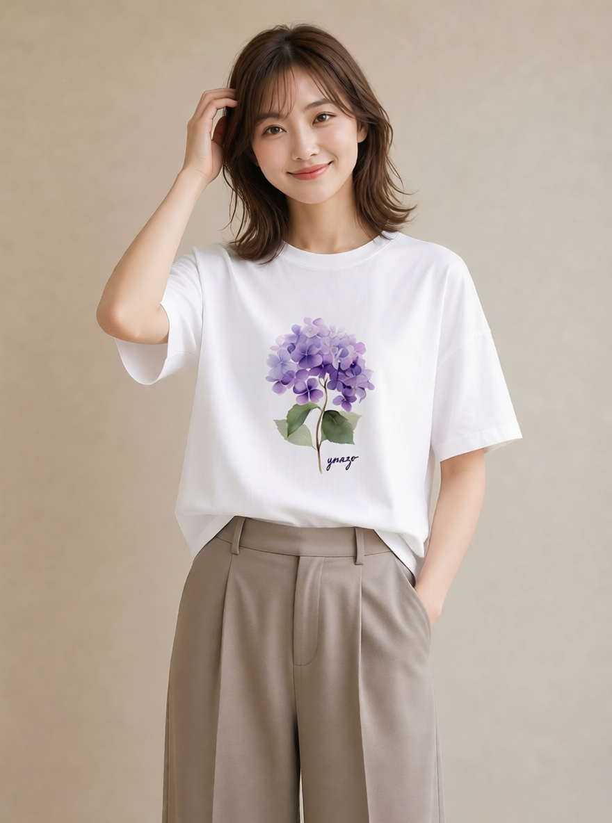 デザインTシャツ レディース あじさい 紫陽花 アジサイ 花 花柄 イラスト 母娘コーデ 自分用 白T