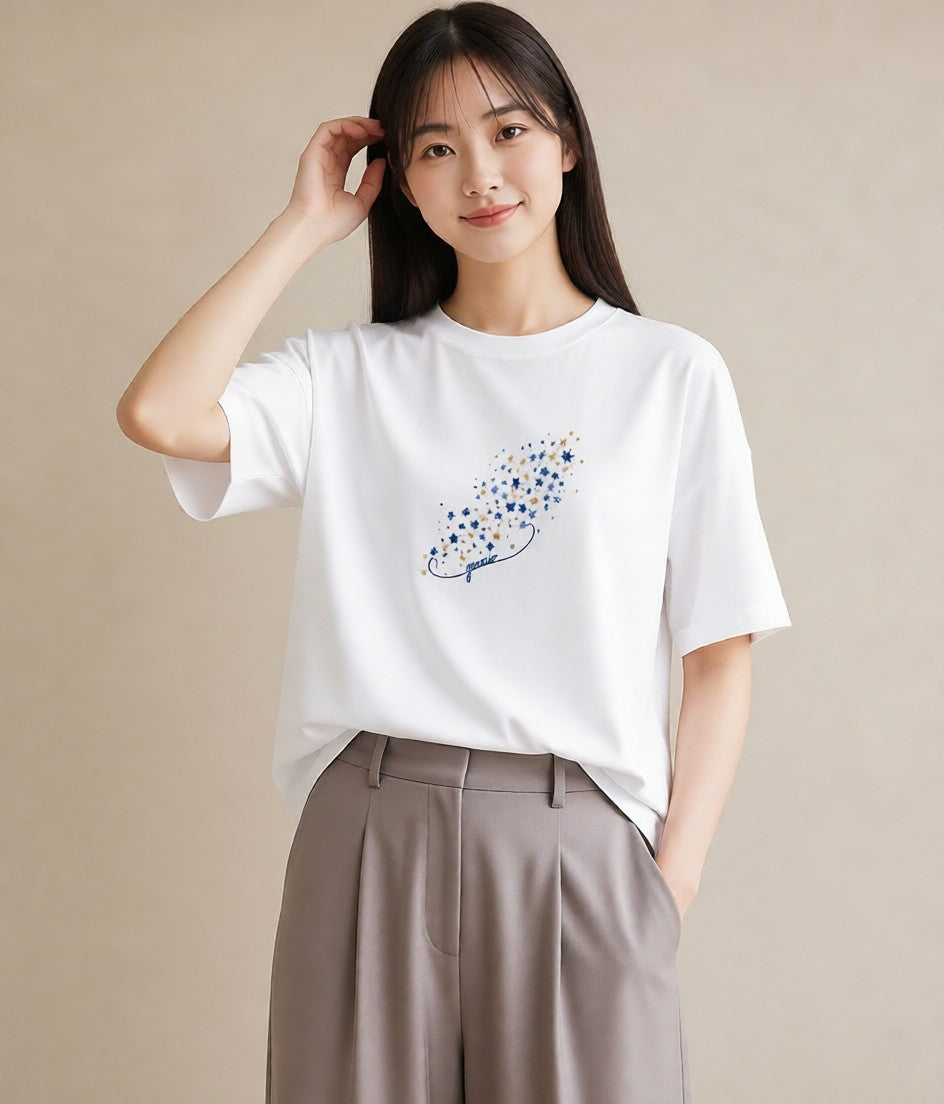半袖Tシャツ レディース 獅子座 星空 宇宙 イラスト アート風 ホワイトデー 春服 白T