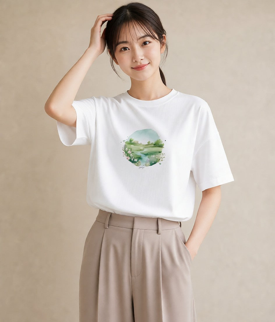 グラフィックTシャツ レディース 小川 橋 せせらぎ ナチュラル アンティーク イラスト アート風 母の日 ビーチ 白T