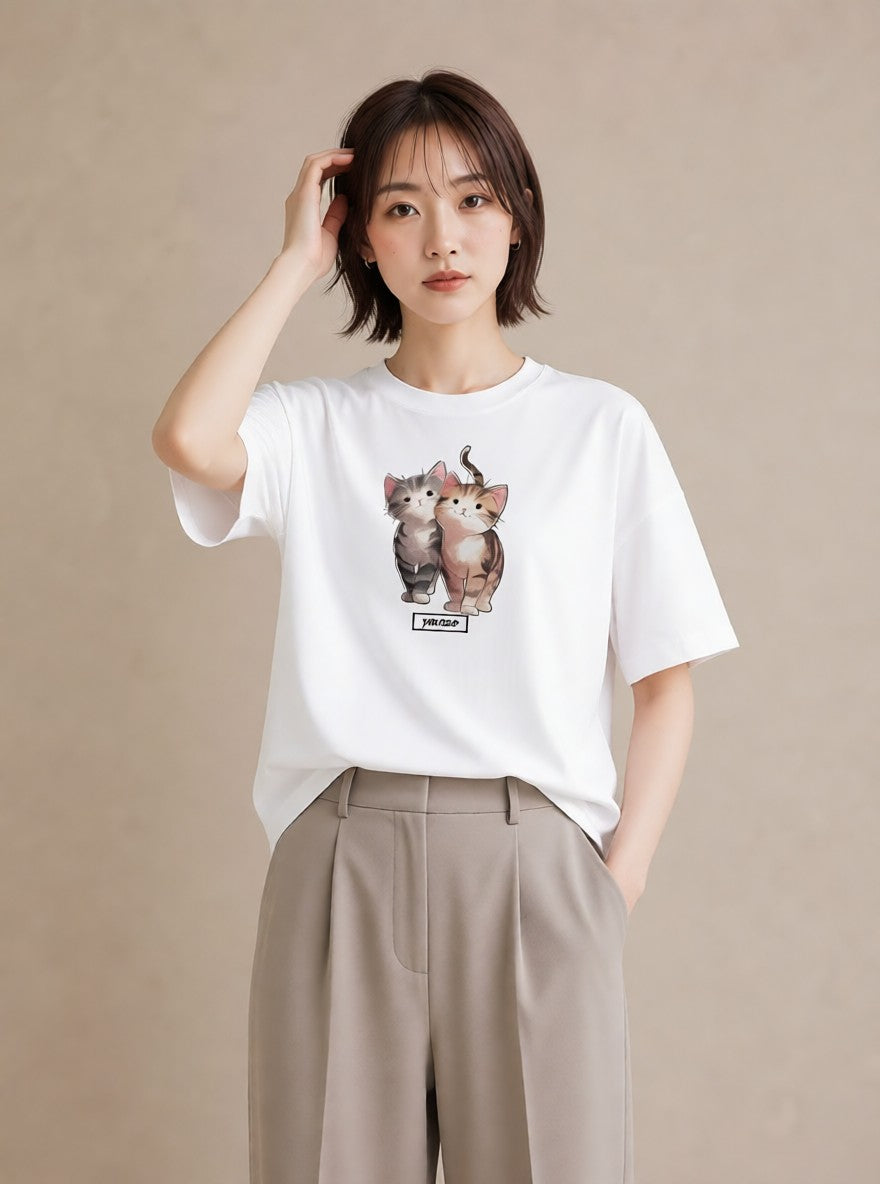 デザインTシャツ レディース しっぽ 猫 ねこ イラスト 普段使い デート 帰省 白T