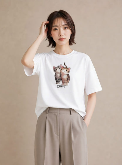 デザインTシャツ レディース しっぽ 猫 ねこ イラスト 普段使い デート 帰省 白T