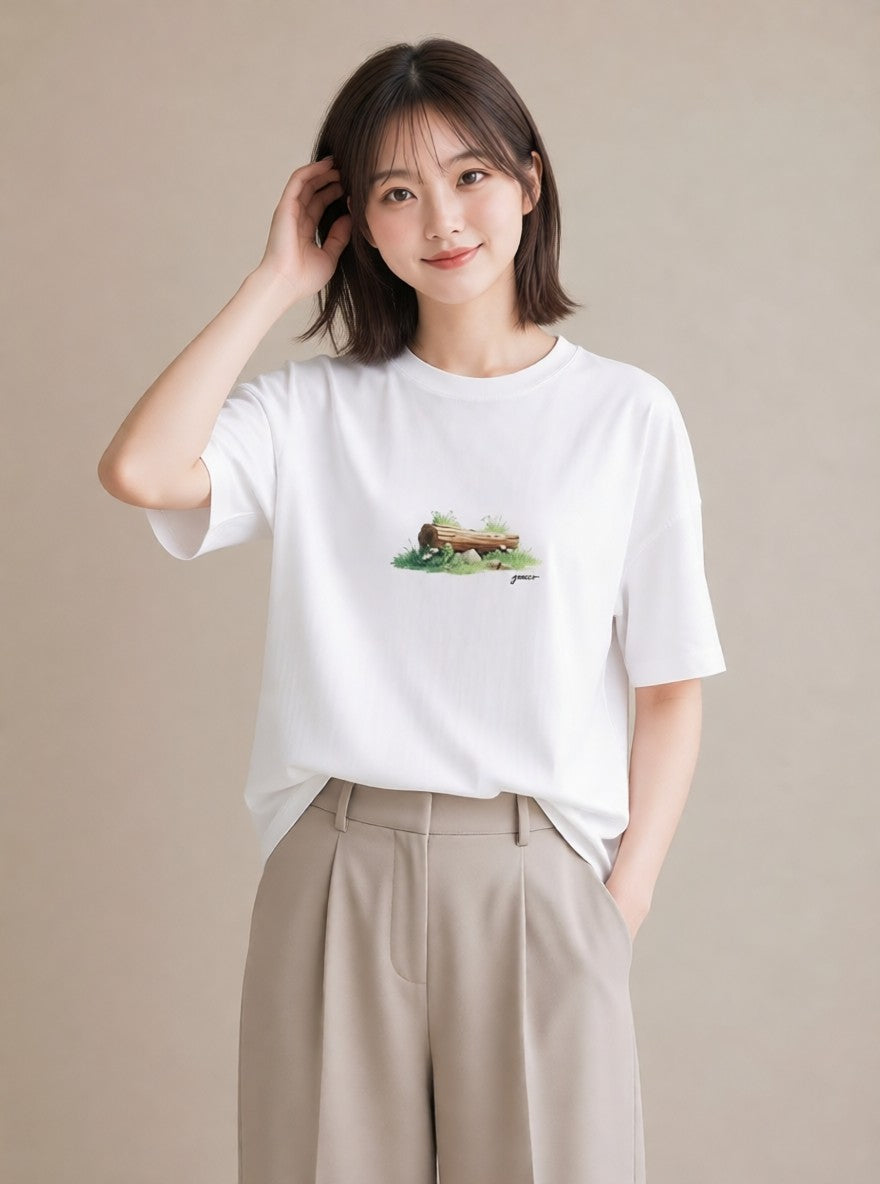 プリントTシャツ レディース 小川 橋 せせらぎ ナチュラル アンティーク イラスト ポップ 通学 誕生日プレゼント 白T