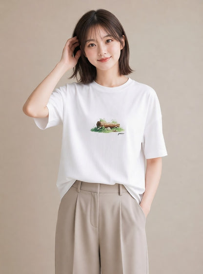 プリントTシャツ レディース 小川 橋 せせらぎ ナチュラル アンティーク イラスト ポップ 通学 誕生日プレゼント 白T