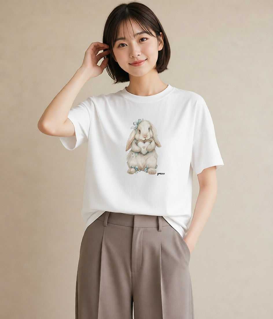 Tシャツ レディース ロップイヤー ペット 動物 イラスト ミニマル 春服 ミセス 白T