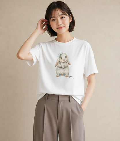 Tシャツ レディース ロップイヤー ペット 動物 イラスト ミニマル 春服 ミセス 白T