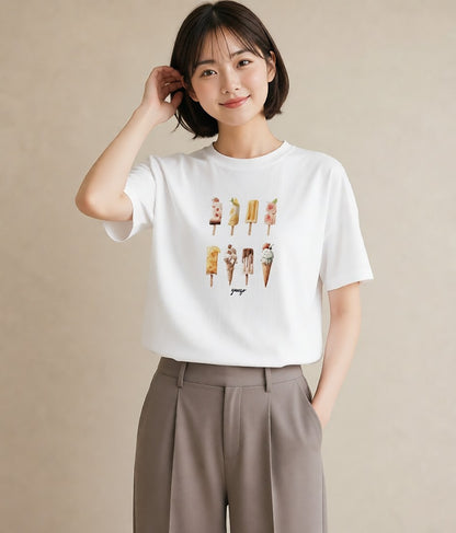 プリントTシャツ レディース ソフトクリーム 食べ物 フード イラスト カフェコーデ 休日 ペアコーデ 白T