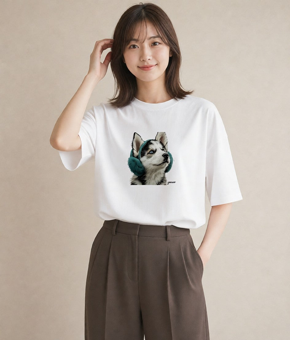 デザインTシャツ レディース シベリアンハスキー 犬 いぬ イラスト きれいめ 送別ギフト 通勤 白T