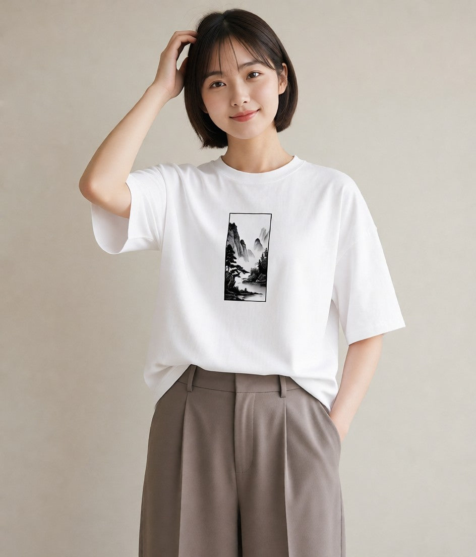 プリントTシャツ レディース 桟橋 水辺 波止場 ナチュラル アンティーク イラスト シック 誕生日プレゼント 綿100 白T