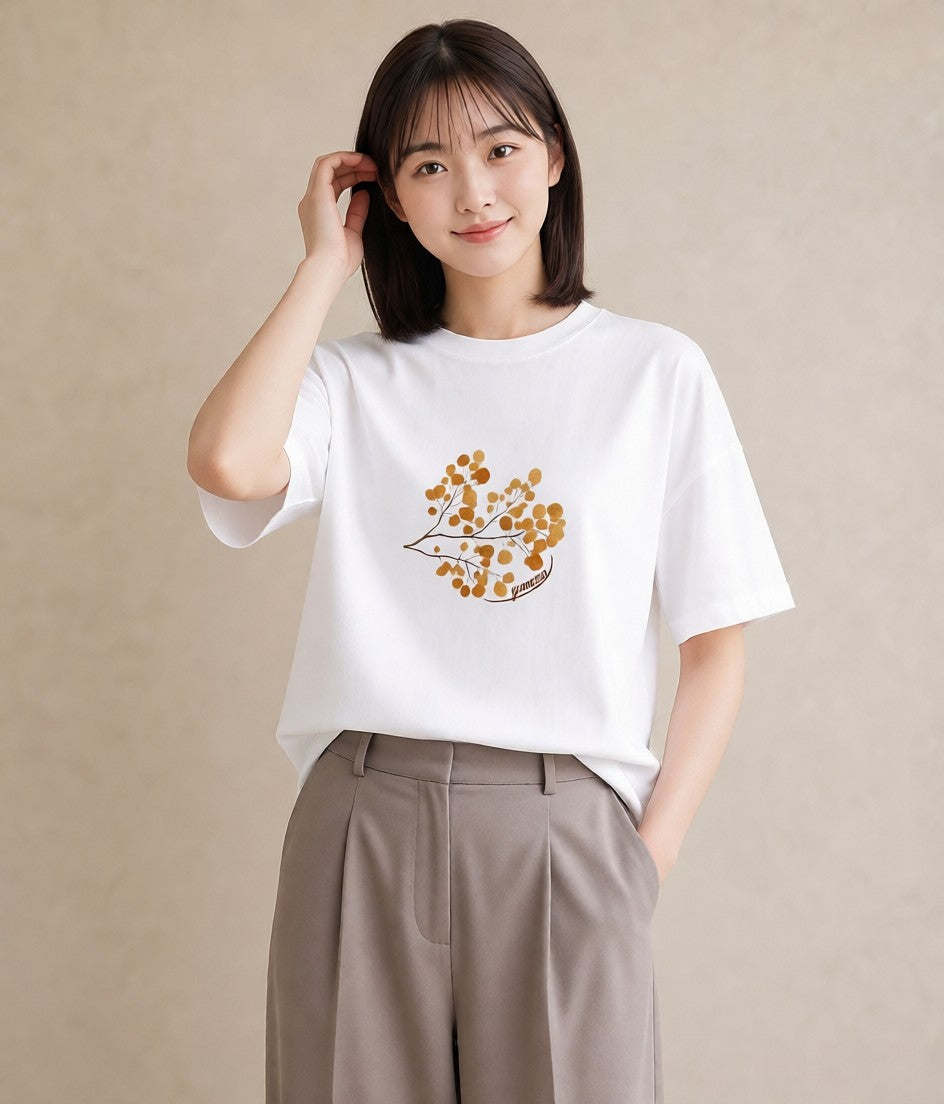 グラフィックTシャツ レディース 落ち葉 植物 ボタニカル イラスト 韓国風 レイヤード 友達ギフト 白T