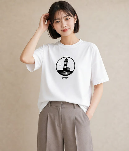 半袖Tシャツ レディース 灯台 霧 海 ナチュラル アンティーク イラスト 可愛い デート 帰省 白T