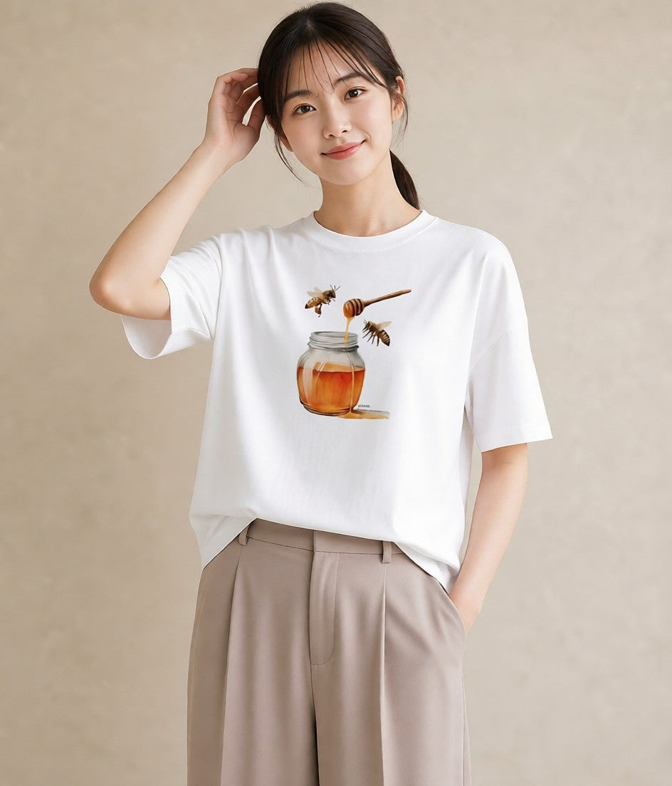 半袖Tシャツ レディース みつばち 昆虫 虫 イラスト ラフカジュアル 女性 旅行用 白T