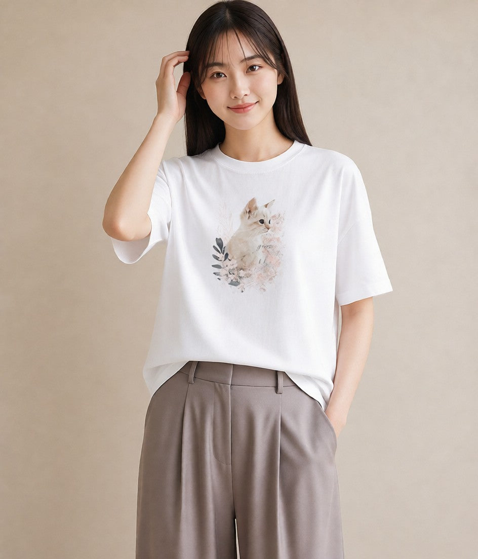 グラフィックTシャツ レディース 子猫 猫 ねこ イラスト レトロ 綿100 デート 白T