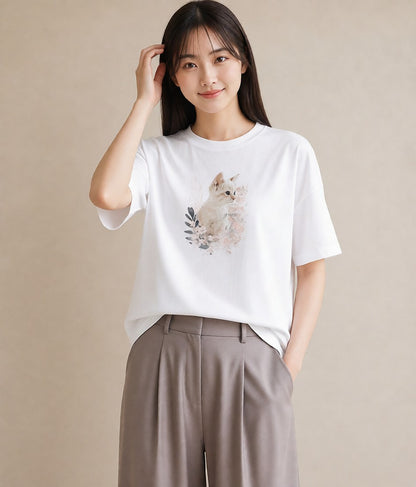 グラフィックTシャツ レディース 子猫 猫 ねこ イラスト レトロ 綿100 デート 白T