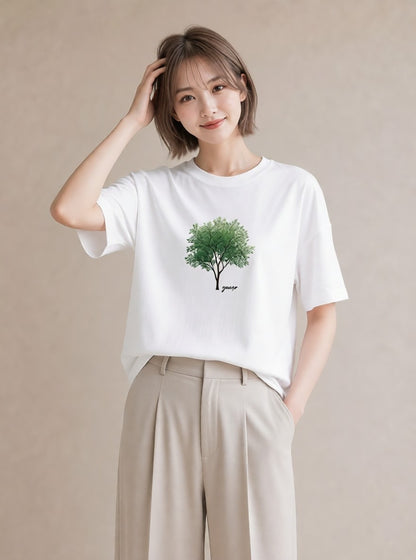 プリントTシャツ レディース 木 植物 ボタニカル イラスト シンプル 綿100 デート 白T