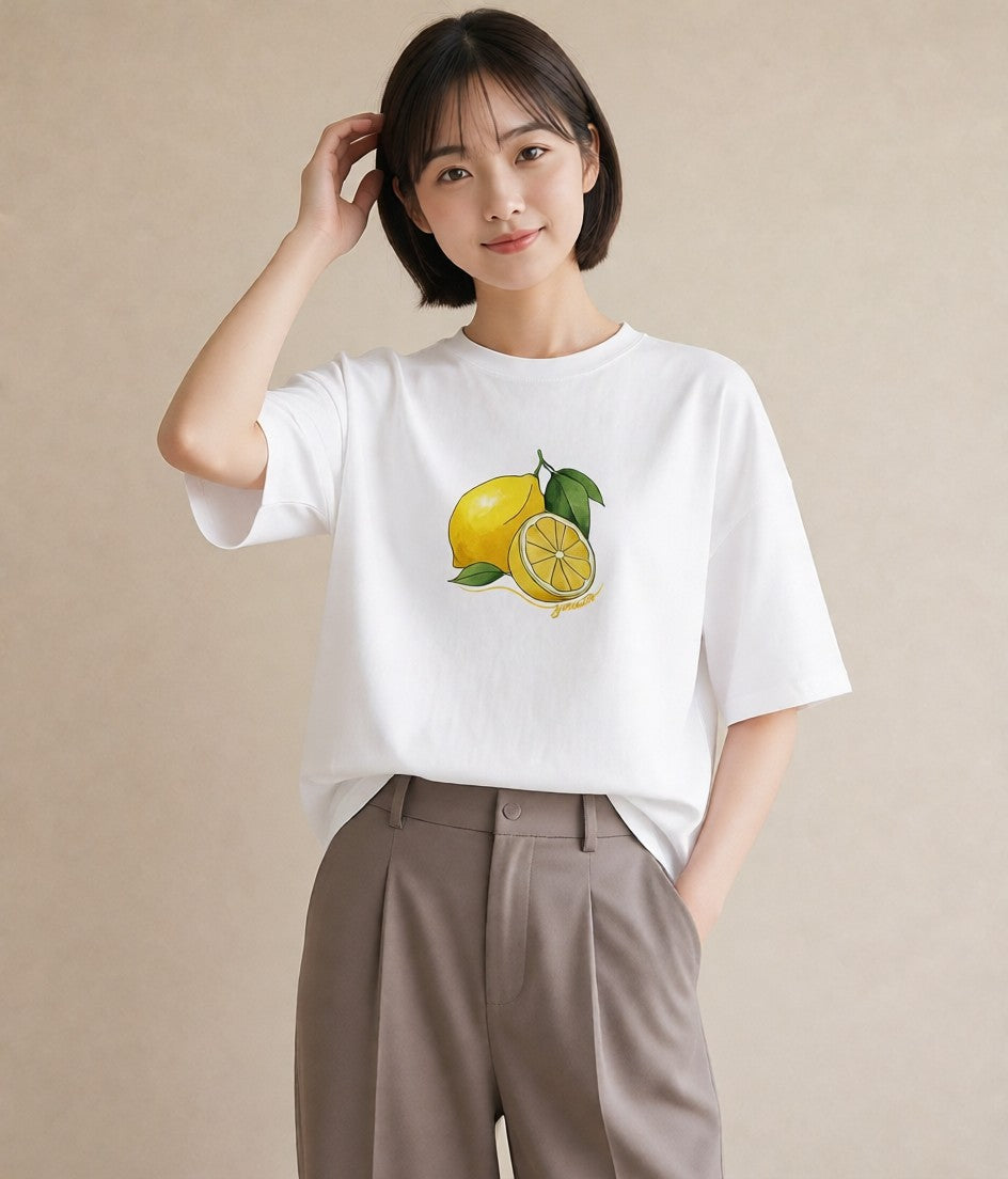 プリントTシャツ レディース レモン 檸檬 食べ物 フード イラスト 普段使い 通勤 在宅 白T