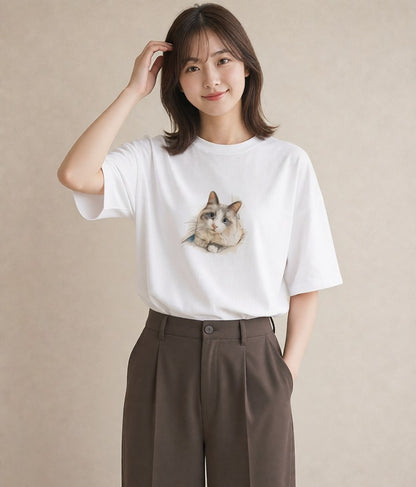 デザインTシャツ レディース ペルシャ 猫 ねこ イラスト ニュアンス 普段着 週末コーデ 白T