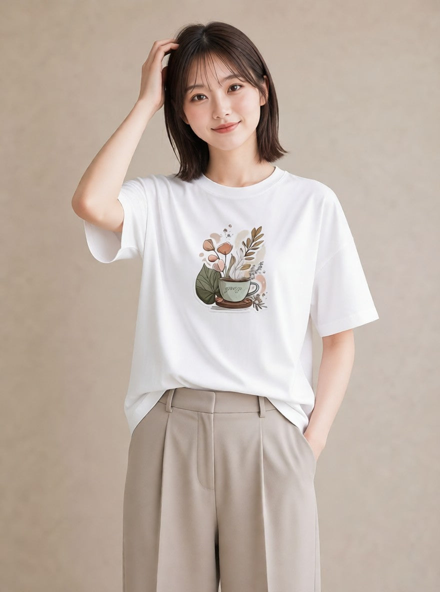 Tシャツ レディース 紅茶 食べ物 フード イラスト きれいめカジュアル お出かけ 普段着 白T