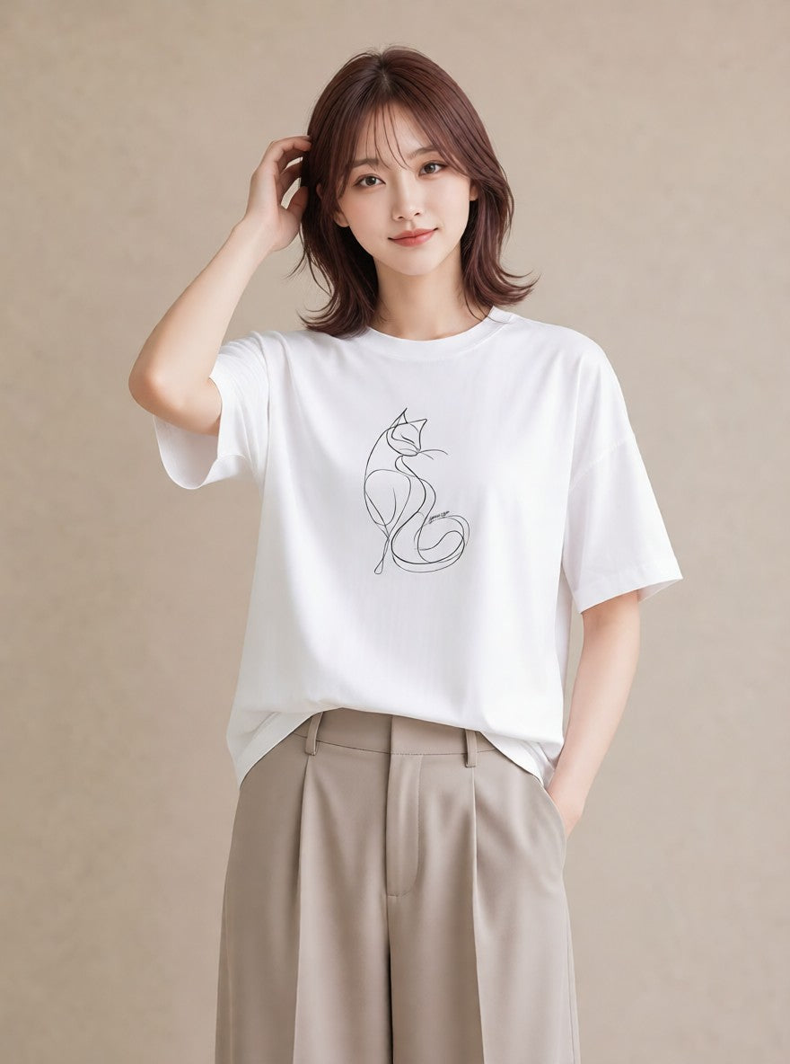 半袖Tシャツ レディース 猫 ねこ ネコ イラスト 休日コーデ 送別ギフト 通勤 白T