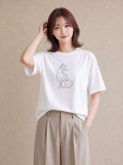 半袖Tシャツ レディース 猫 ねこ ネコ イラスト 休日コーデ 送別ギフト 通勤 白T