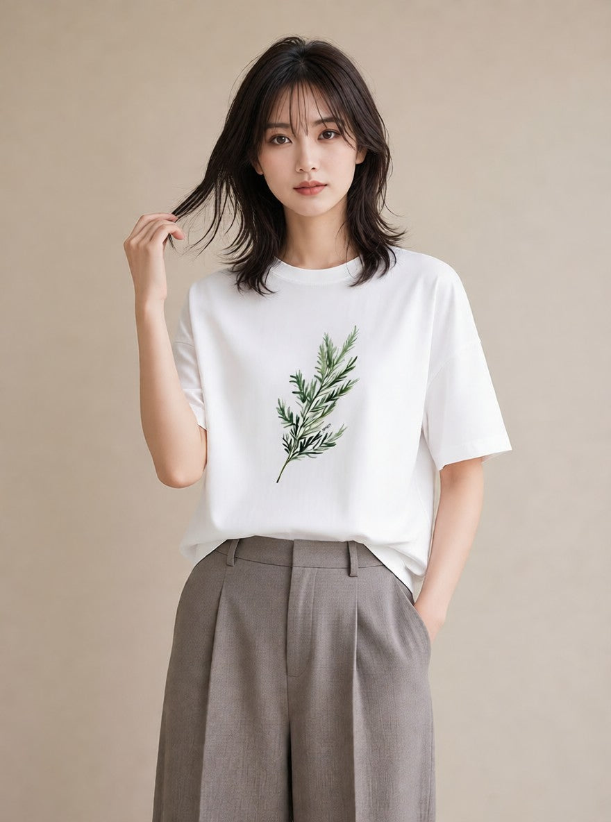 プリントTシャツ レディース 苔 植物 ボタニカル イラスト きれいめカジュアル 在宅 公園 白T