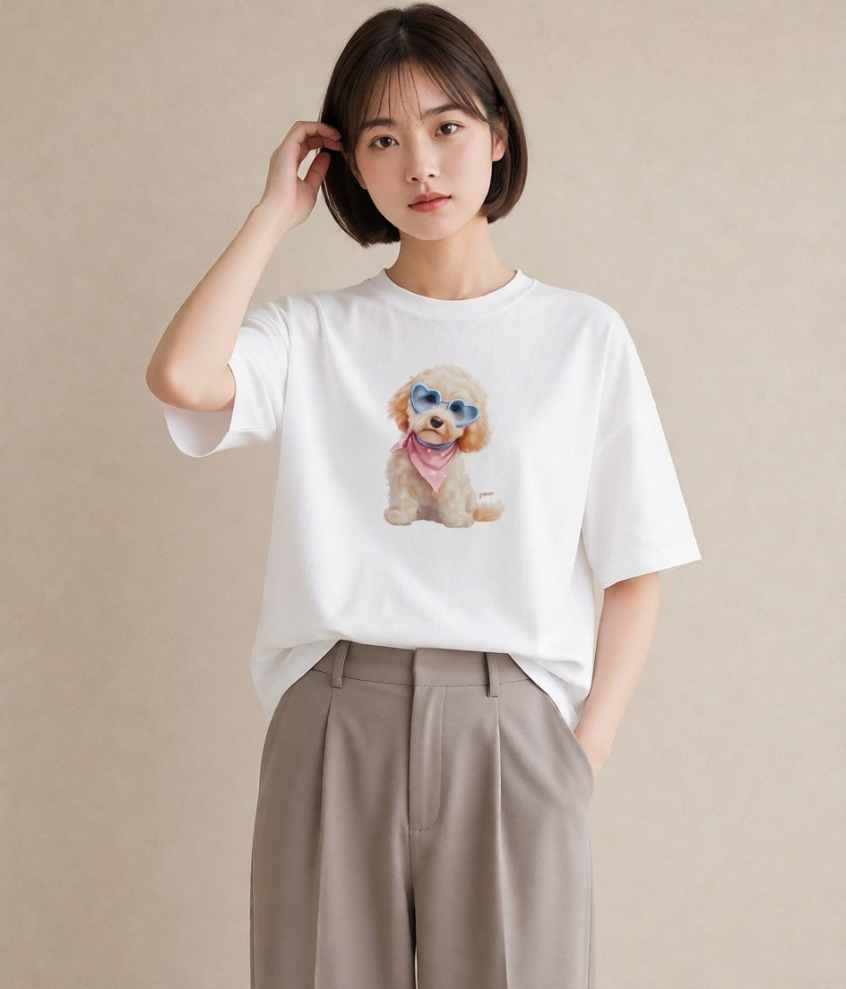 Tシャツ レディース トイプードル プードル 犬 いぬ イラスト 普段使い 休日 ペアコーデ 白T
