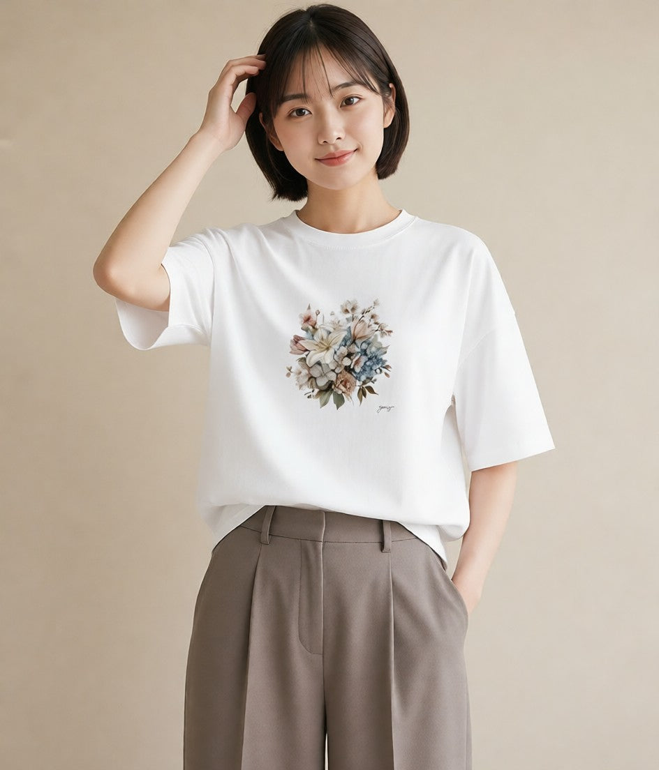 Tシャツ レディース ポスト 野の花 レトロ ナチュラル アンティーク イラスト モード 誕生日プレゼント 綿100 白T