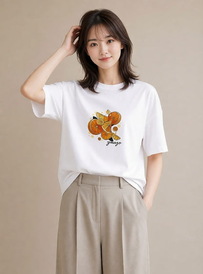 半袖Tシャツ レディース みかん 食べ物 フード イラスト ナチュラル 送別ギフト 通勤 白T