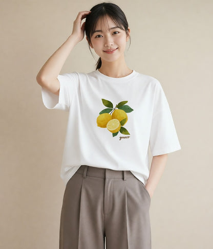 半袖Tシャツ レディース レモン 檸檬 食べ物 フード イラスト モード 送別ギフト 通勤 白T