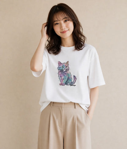 Tシャツ レディース 猫 ねこ イラスト 北欧風 女性 旅行用 白T