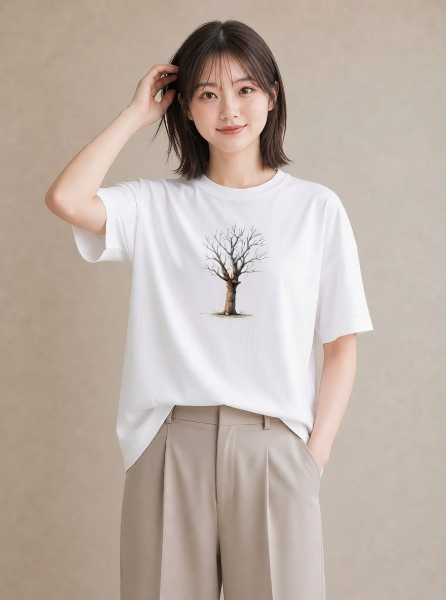 半袖Tシャツ レディース 木 植物 ボタニカル イラスト ラフカジュアル 海 カフェ巡り 白T