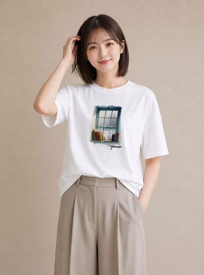 グラフィックTシャツ レディース 窓辺の雨 雨の日 窓 ナチュラル アンティーク イラスト 公園 ママ 白T