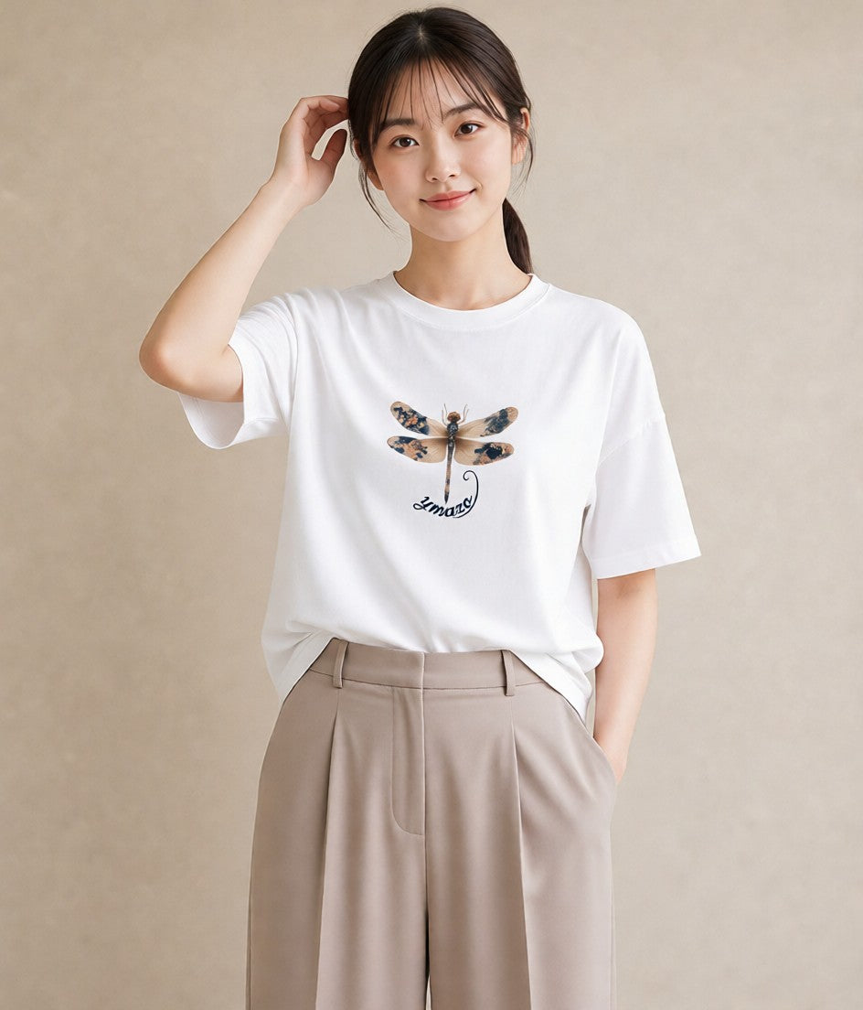 半袖Tシャツ レディース とんぼ 昆虫 虫 イラスト 手描き風 通学 誕生日プレゼント 白T
