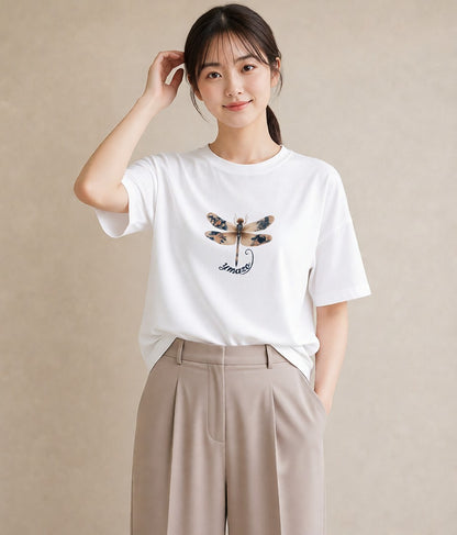 半袖Tシャツ レディース とんぼ 昆虫 虫 イラスト 手描き風 通学 誕生日プレゼント 白T