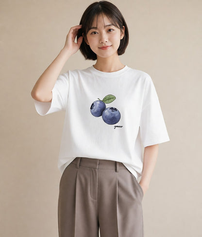 グラフィックTシャツ レディース ブルーベリー 食べ物 フード イラスト アート風 春服 ミセス 白T