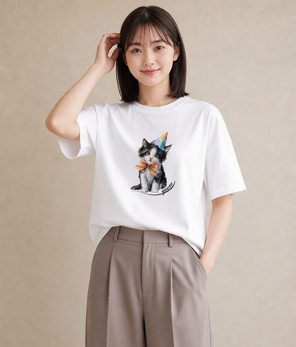 プリントTシャツ レディース ハチワレ 白黒猫 猫 ねこ イラスト 水彩風 カフェ巡り 女子会 白T