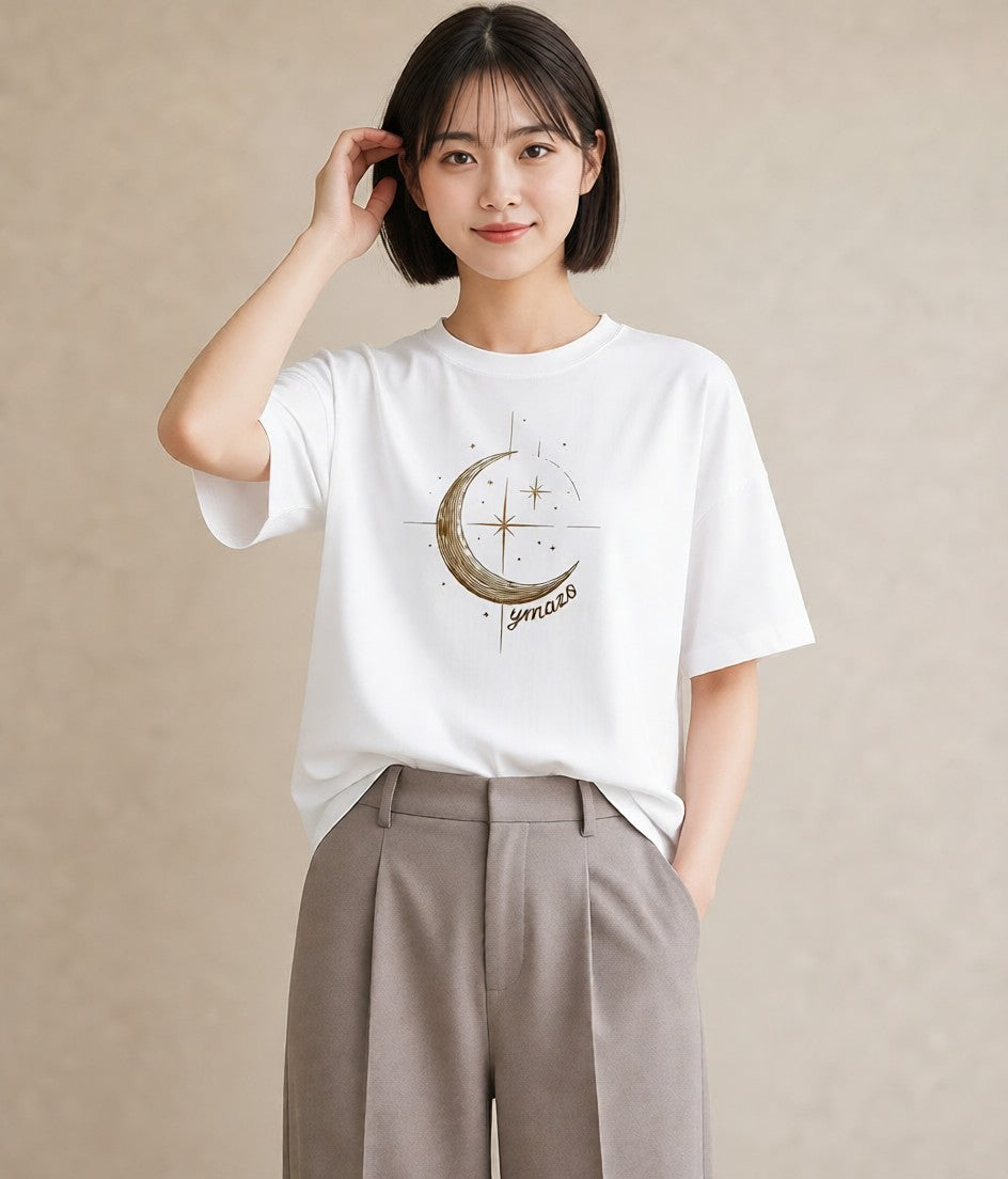 Tシャツ レディース 月と星 星空 ムーン イラスト シック お出かけ 普段着 白T