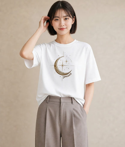 Tシャツ レディース 月と星 星空 ムーン イラスト シック お出かけ 普段着 白T