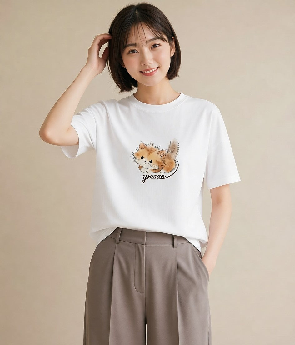 デザインTシャツ レディース マンチカン 猫 ねこ イラスト ポップ 誕生日プレゼント 綿100 白T
