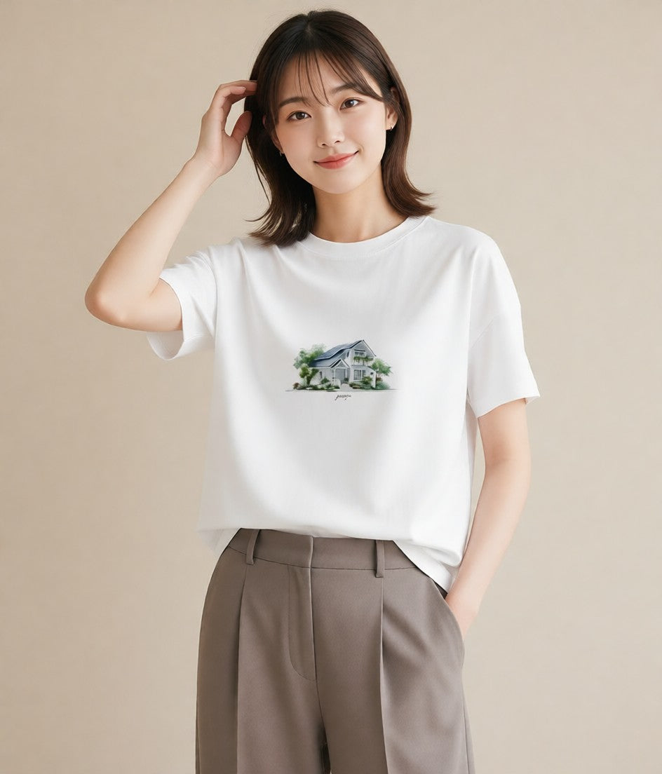 グラフィックTシャツ レディース 灯りの家 小屋 夜 ナチュラル アンティーク イラスト きれいめ ギフト 母の日 白T