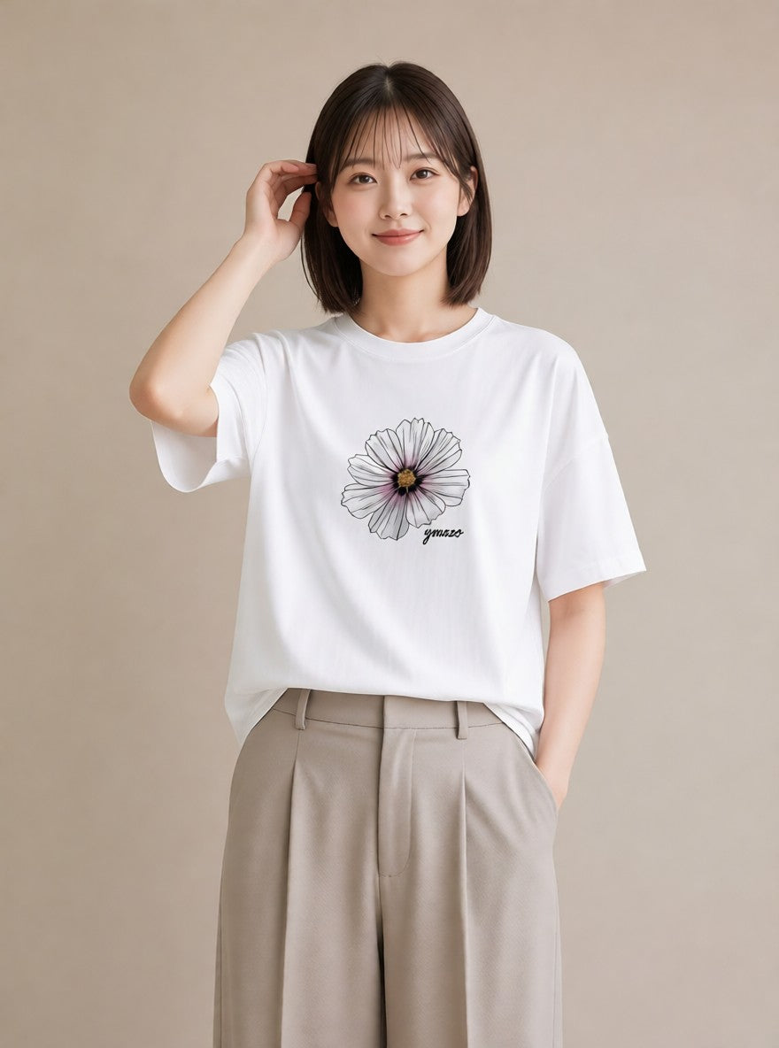 半袖Tシャツ レディース デイジー 花 花柄 イラスト ミニマル 海 カフェ巡り 白T