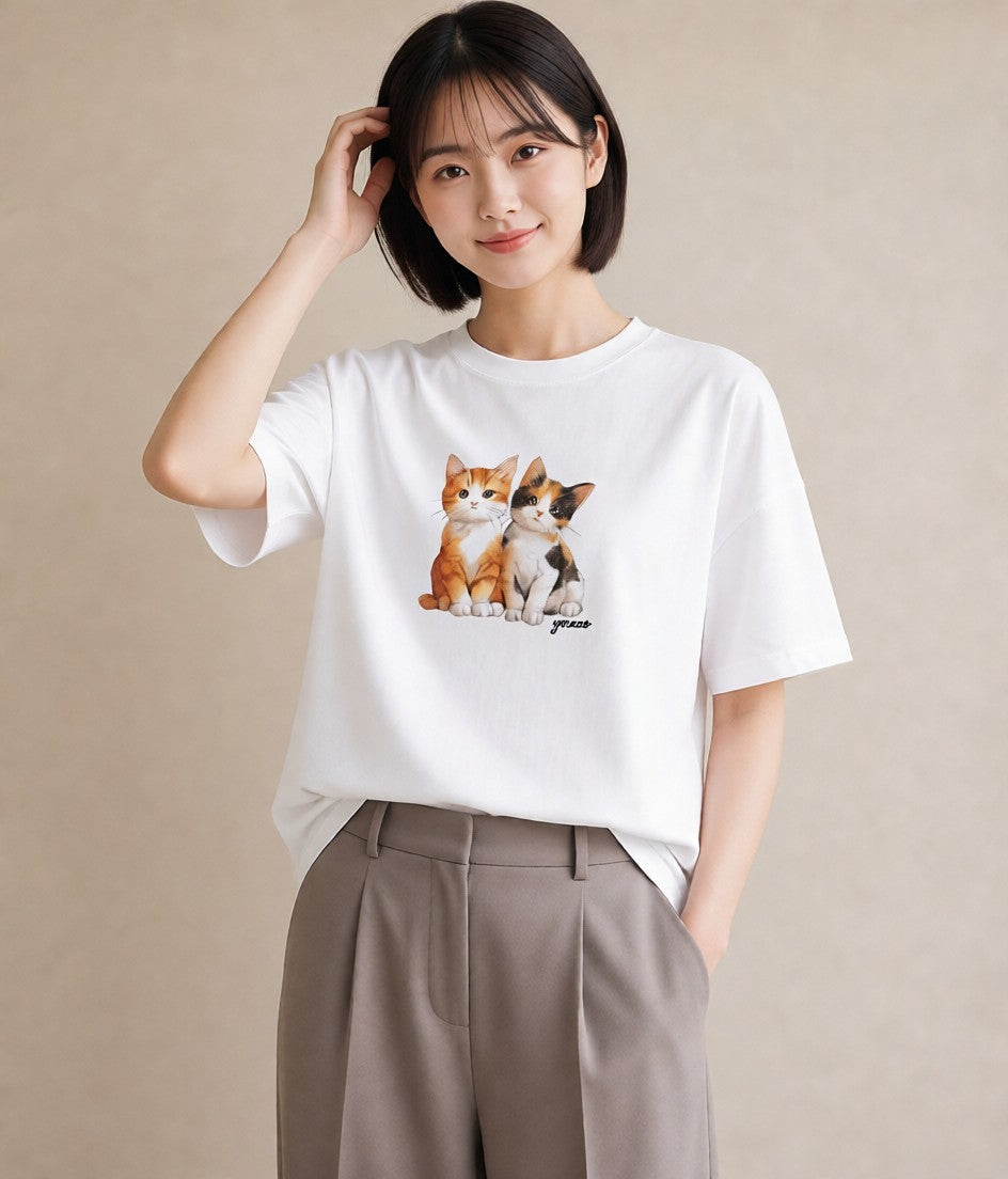 Tシャツ レディース ぶち猫 猫 ねこ イラスト ボタニカル 買い物 夏コーデ 白T