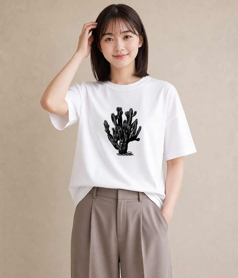 デザインTシャツ レディース サボテン 植物 ボタニカル イラスト 抜け感 綿100 デート 白T