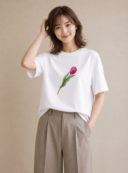 プリントTシャツ レディース チューリップ 花 花柄 イラスト 手描き風 カフェ服 クリスマス 白T