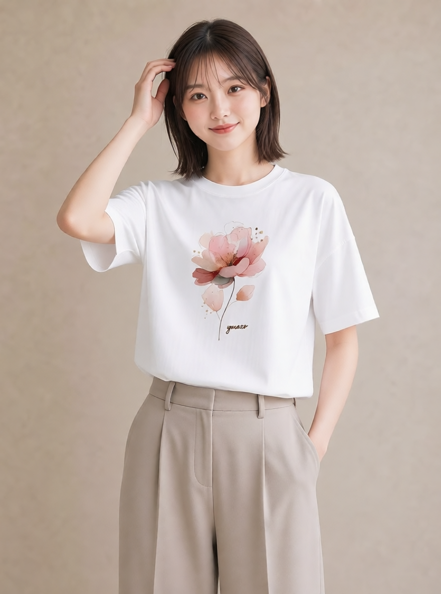 プリントTシャツ レディース 椿 花 花柄 イラスト 抜け感 送別ギフト 通勤 白T